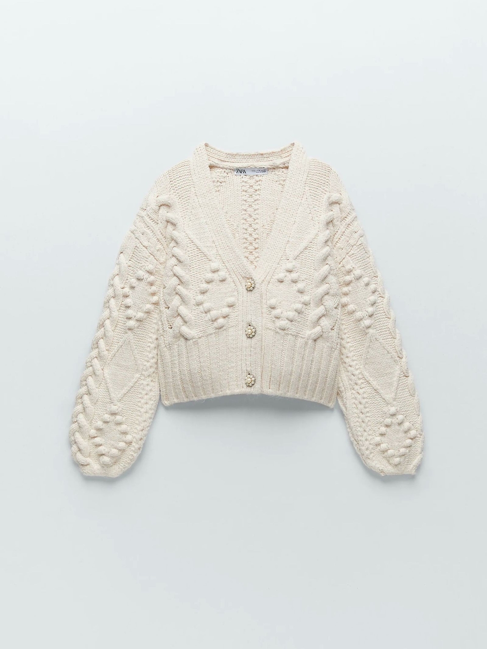 Zara Cream Chunky Cable Knit V-Neck Cardigan